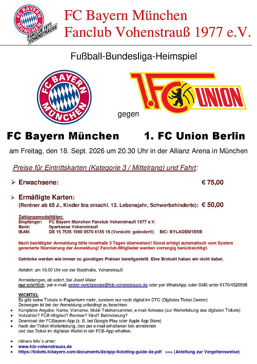 Aushang: Busfahrt zum Heimspiel FC Bayern – 1. FC Union Berlin