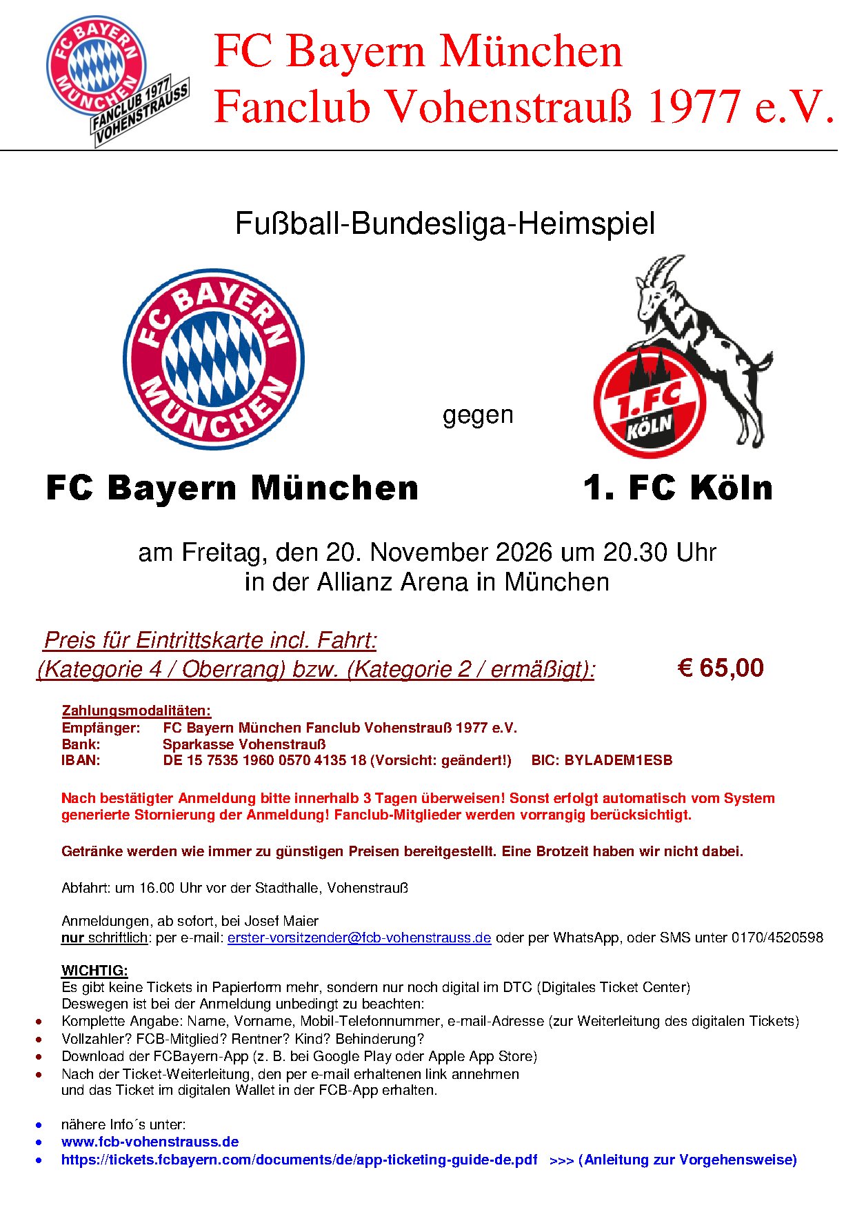 Vorschau: Busfahrt zum Heimspiel FC Bayern – 1. FC Köln